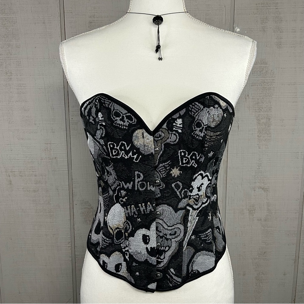 Gothic‎ Corset Top Bustier Tapestry Ribbon Skulls Vamp Emo Cosplay Halloween